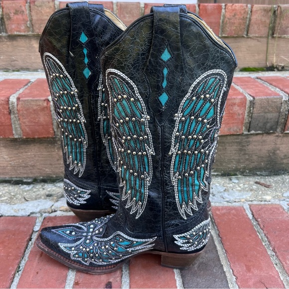 Corral Vintage Leather Black & Teal Bedazzled Angel Wing and Cross Cowboy Boots - Picture 6 of 10